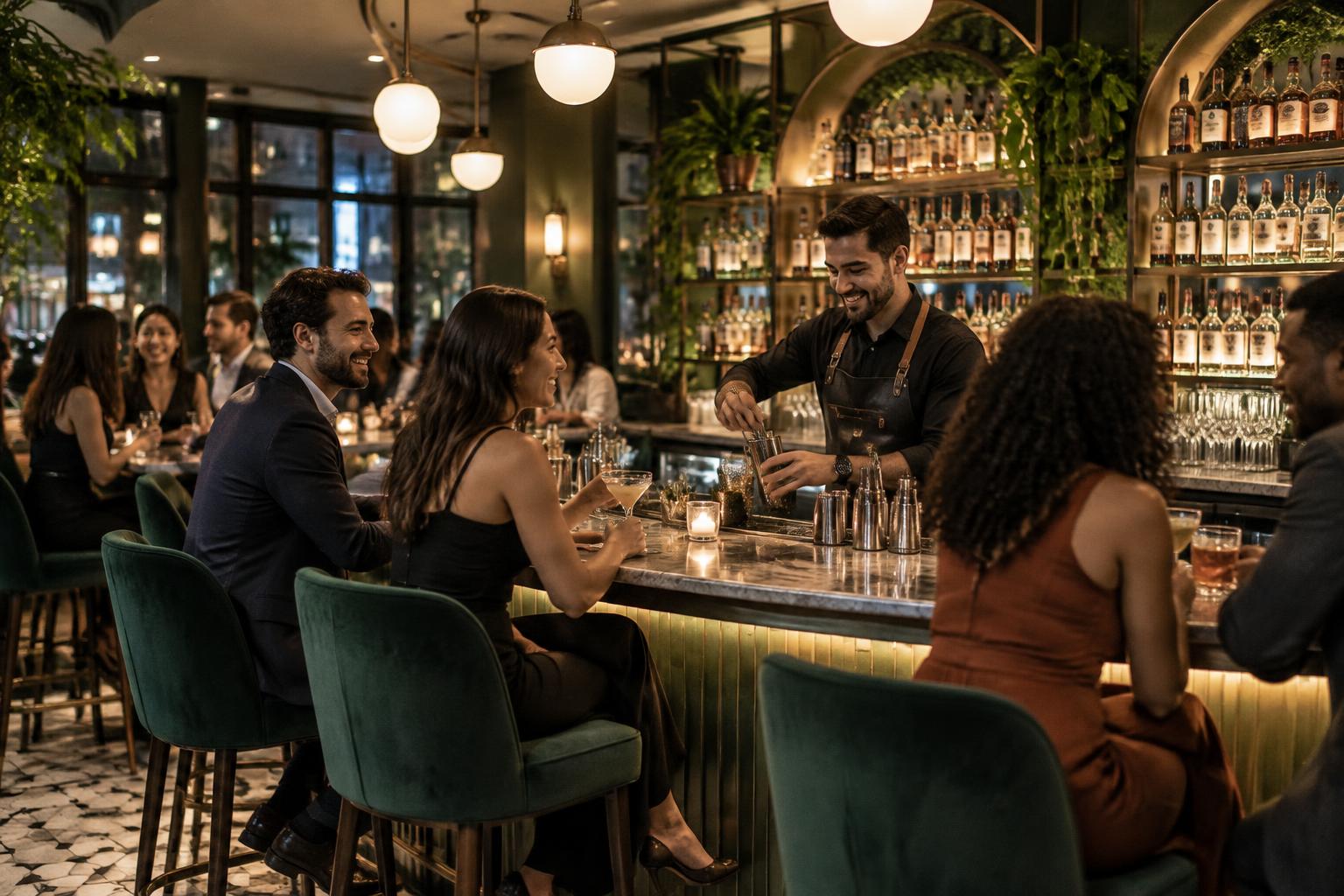 Illustrative lively cocktail bar with a bartender serving guests