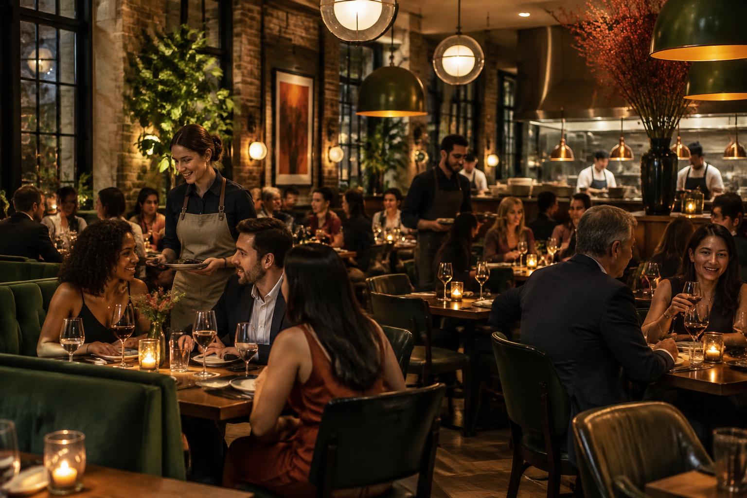 Illustrative evening dining room with guests and servers during a busy service
